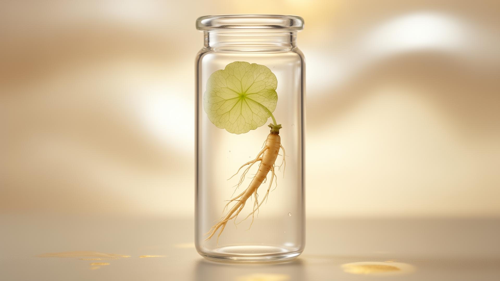 Ingrediente botánico coreano suspendido en vial de laboratorio — hermetismo y lujo privado