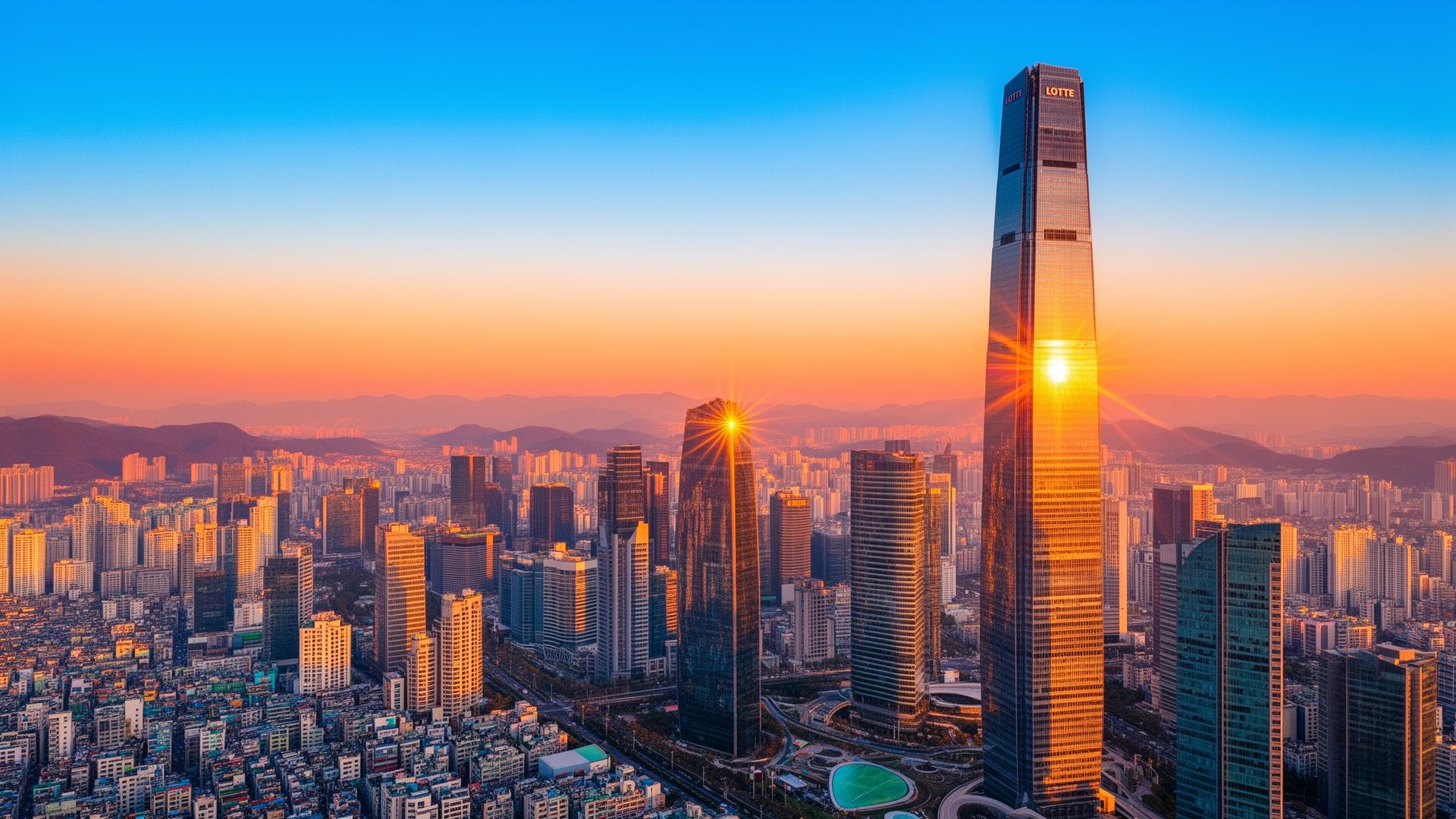 Seúl al amanecer — Lotte World Tower bañada por la golden hour, mercado vibrante y en expansión